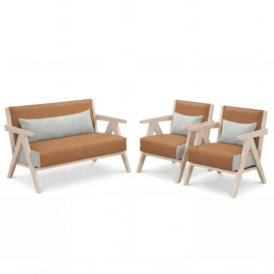 Costway 3 Pieces Living Room Furniture Set With Rubber Wood Frame-brown
