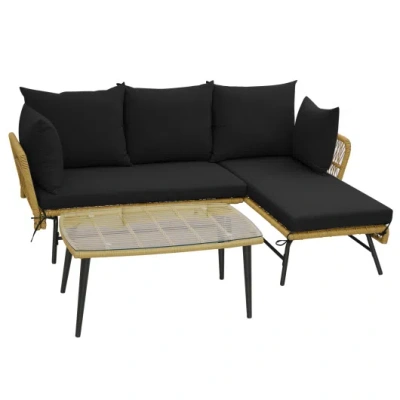 Costway 3 Pieces L-shaped Patio Sofa With Cushions And Tempered Glass Table-black