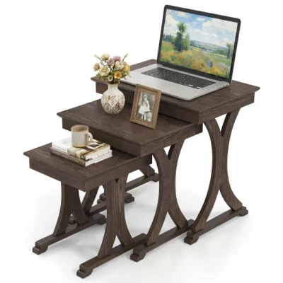 Costway 3 Pieces Nesting Coffee Table Side Table With Solid Rubber Wood Legs-brown