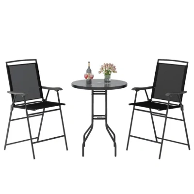 Costway 3 Pieces Outdoor Bar Stool Set With Dpc Tabletop And Umbrella Hole For Poolside-black