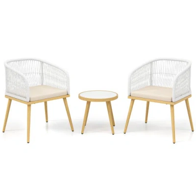Costway 3 Pieces Outdoor Bistro Pe Wicker Conversation Furniture Set-white In Animal Print
