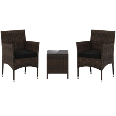 Costway 3 Pieces Outdoor Conversation Set With Cushioned Seat And Glass Tabletop-black In Brown