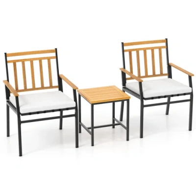 Costway 3 Pieces Outdoor Furniture Set Acacia Wood Patio Conversation Set With Cushions-white In Multi