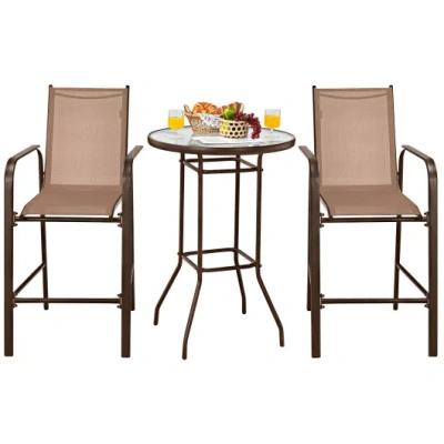 Costway 3 Pieces Outdoor Patio Bar Table Stool Set-brown