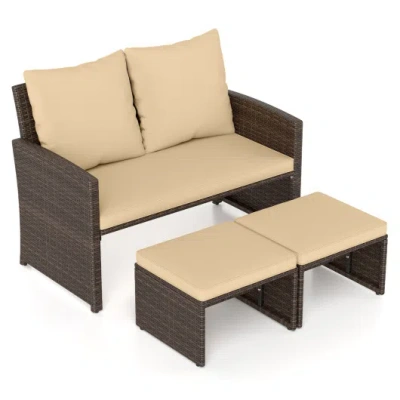 Costway 3 Pieces Outdoor Patio Pe Wicker Furniture Set With Cushions-beige In Brown