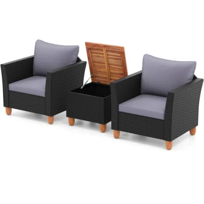 Costway 3 Pieces Outdoor Patio Wicker Furniture Set With Cushions And Acacia Wood Coffee Table-gray In Multi