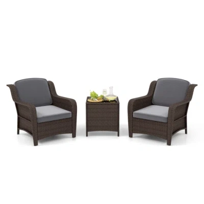 Costway 3 Pieces Outdoor Rattan Furniture Set With Cushions And Tempered Glass Coffee Table-gray In Brown