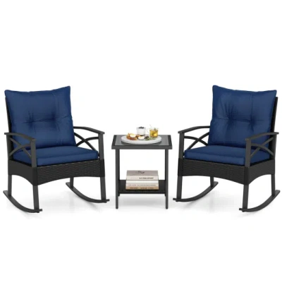 Costway 3 Pieces Outdoor Rattan Rocking Chairs Set With 2-tier Side Table For Garden Backyard-navy In Blue