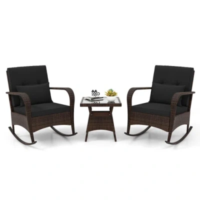 Costway 3 Pieces Outdoor Rocking Set With Tempered Glass Coffee Table For Backyard Poolside-black