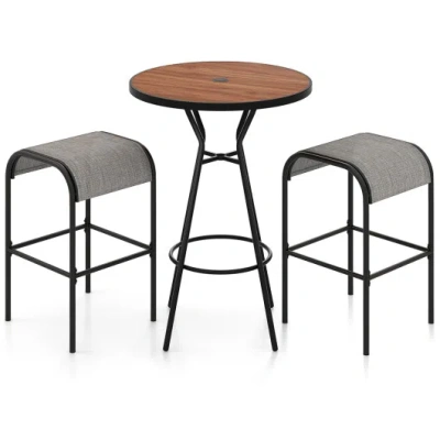 Costway 3 Pieces Outdoor Round Bar Table Set With 1.6 Inches Umbrella Hole In Brown