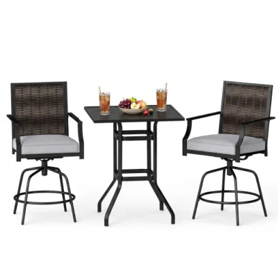 Costway 3 Pieces Outdoor Swivel Bar Set High Top Patio Bar Table And Rattan Wicker Chairs In Brown