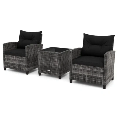 Costway 3 Pieces Outdoor Wicker Conversation Set With Tempered Glass Tabletop-black