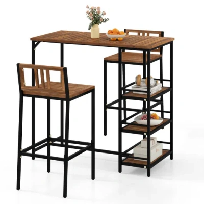 Costway 3 Pieces Outdoor Wood Bar Set With 3-tier Storage Shelf And Metal Frame In Multi