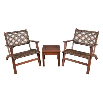 Costway 3 Pieces Outdoor Wooden Patio Rattan Furniture Set In Brown