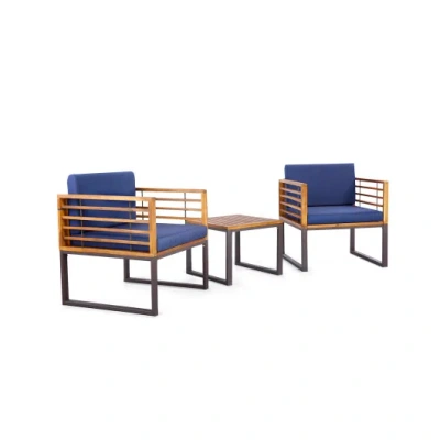 Costway 3 Pieces Patio Acacia Wood Conversation Set With Cushioned Armchairs-navy In Multi