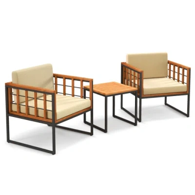 Costway 3 Pieces Patio Chair Set Acacia Wood Outdoor Sofa Set With Soft Cushions-beige In Brown