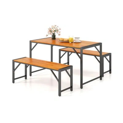 Costway 3 Pieces Patio Dining Set With Acacia Wood Dining Table And 2 Benches In Brown