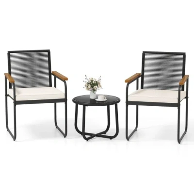 Costway 3 Pieces Patio Furniture Set Pe Rattan Porch Chairs With Round Tempered Glass Top Table-white In Animal Print