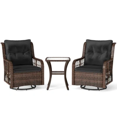 Costway 3 Pieces Patio Furniture Set Pe Wicker Swivel Glider Chairs With 2-tier Side Table And Cushions-blac In Black