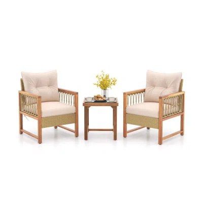 Costway 3 Pieces Patio Furniture Set With Acacia Wood Frame Cushions-brown