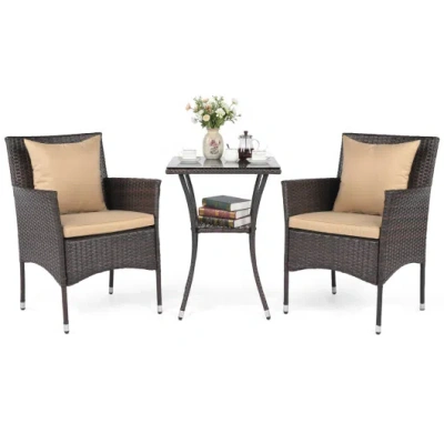 Costway 3 Pieces Patio Furniture Set With Cushioned Patio Chairs And Tempered Glass Coffee Table-brown In Black