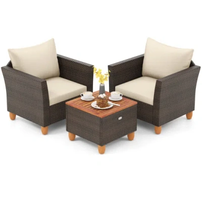 Costway 3 Pieces Patio Pe Wicker Furniture Set With Cushions And Acacia Wood Storage Coffee Table-beige In Gray