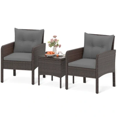 Costway 3 Pieces Patio Pe Wicker Furniture Set With Cushions For Porch And Balcony-gray In Animal Print