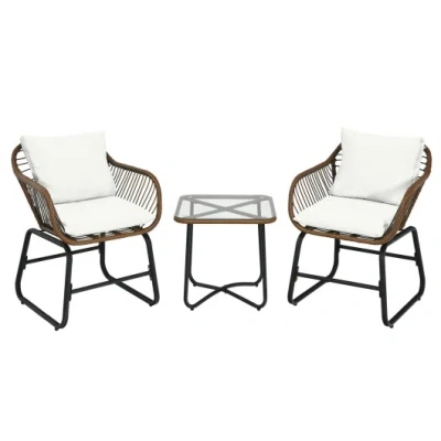Costway 3 Pieces Patio Rattan Bistro Set Cushioned Chair Glass Table Deck-white In Multi