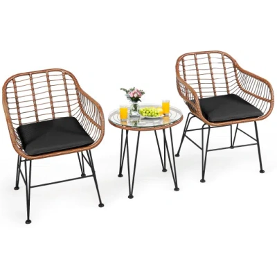 Costway 3 Pieces Patio Rattan Bistro Set With Cushion-black