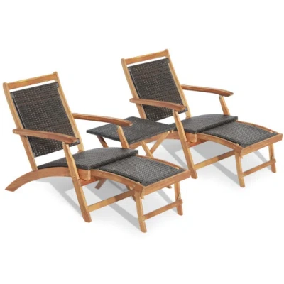 Costway 3 Pieces Patio Rattan Folding Lounge Chair Set Of 2 With Acacia Wood Table In Brown