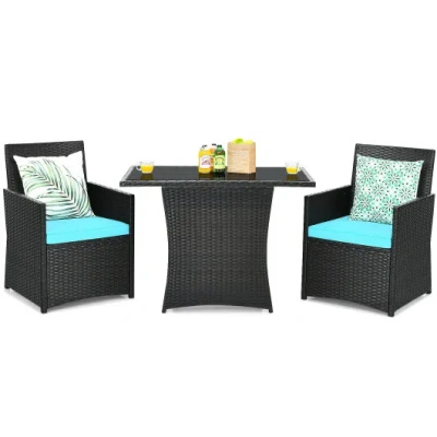 Costway 3 Pieces Patio Rattan Furniture Set With Cushion And Sofa Armrest-turquoise In Multi