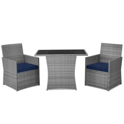 Costway 3 Pieces Patio Rattan Furniture Set With Cushioned Armrest Sofa-navy In Gray