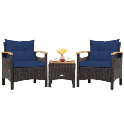Costway 3 Pieces Patio Rattan Furniture Set With Removable Cushion-navy In Blue