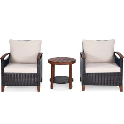 Costway 3 Pieces Patio Rattan Furniture Set With Washable Cushion And Acacia Wood Tabletop-beige In Gray