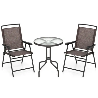 Costway 3 Pieces Patio Round Table And Folding Chairs Set With Rippled Tempered Glass Tabletop In Multi