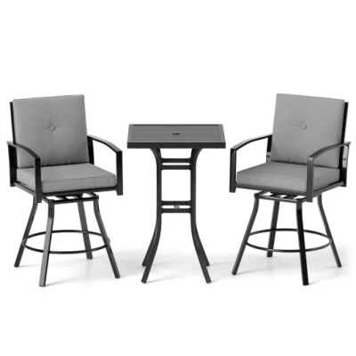 Costway 3 Pieces Patio Swivel Bar Set With Soft Cushions And Umbrella Hole-gray