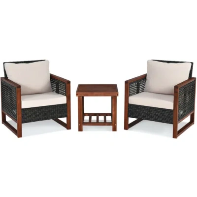 Costway 3 Pieces Patio Wicker Furniture Set With Washable Cushion And Acacia Wood Coffee Table-beige In Multi