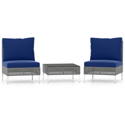 Costway 3 Pieces Pe Rattan Conversation Chairs With Tempered Glass Coffee Table For Garden Porch-navy In Blue
