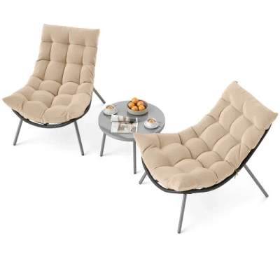 Costway 3 Pieces Pe Rattan Conversation Set With Cushioned Papasan Chairs-beige In Neutral