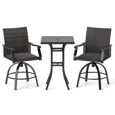 Costway 3 Pieces Pe Wicker Patio Swivel Bar Set With Quick-drying Foam-black