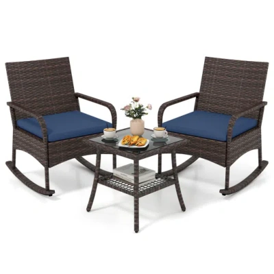 Costway 3 Pieces Pe Wicker Rocking Bistro Set With 2-tier Side Table Cushions And Ergonomic Armchairs For Po In Blue