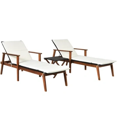 Costway 3 Pieces Portable Patio Cushioned Rattan Lounge Chair Set With Folding Table-white In Brown