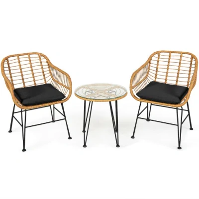 Costway 3 Pieces Rattan Furniture Set With Cushioned Chair Table-black In Multi