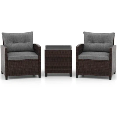 Costway 3 Pieces Rattan Patio Furniture Set With Washable Cushion-gray