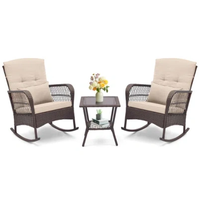 Costway 3 Pieces Rocking Bistro Set With 2-tier Coffee Table-brown