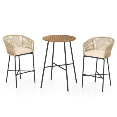 Costway 3 Pieces Rope Woven Patio Bar Set With Soft Cushions And Acacia Wood Tabletop-beige In Multi