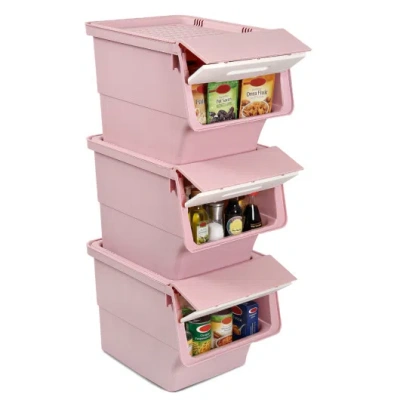 Costway 3 Pieces Storage Bins On Wheels Stackable Plastic Boxes With Stay-open Lid (m)-pink