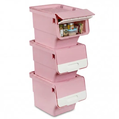 Costway 3 Pieces Storage Bins On Wheels Stackable Plastic Boxes With Stay-open Lid (s)-pink