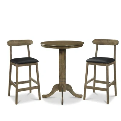Costway 3 Pieces Wood Bar Table Set For 2 Round Pub Table With Pedestal Base And 2 Armless Stools In Gray