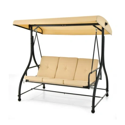 Costway 3 Seat Outdoor Porch Swing With Adjustable Canopy-beige In Animal Print